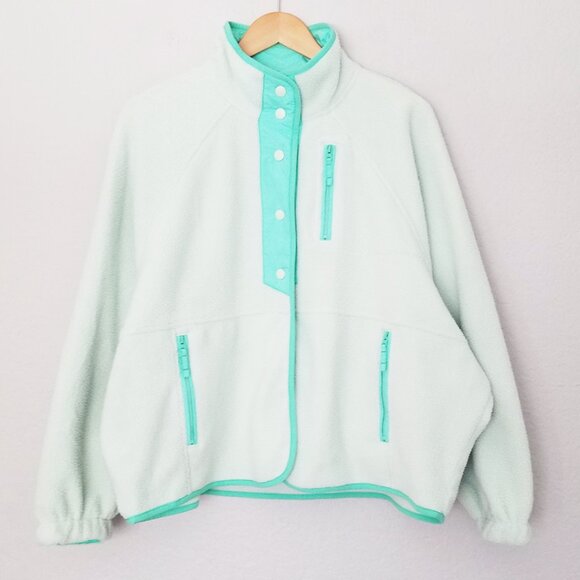 American Eagle Overesized Fleece Sherpa Snap Jacket Size M Mint Green Sea Foam - Picture 3 of 16